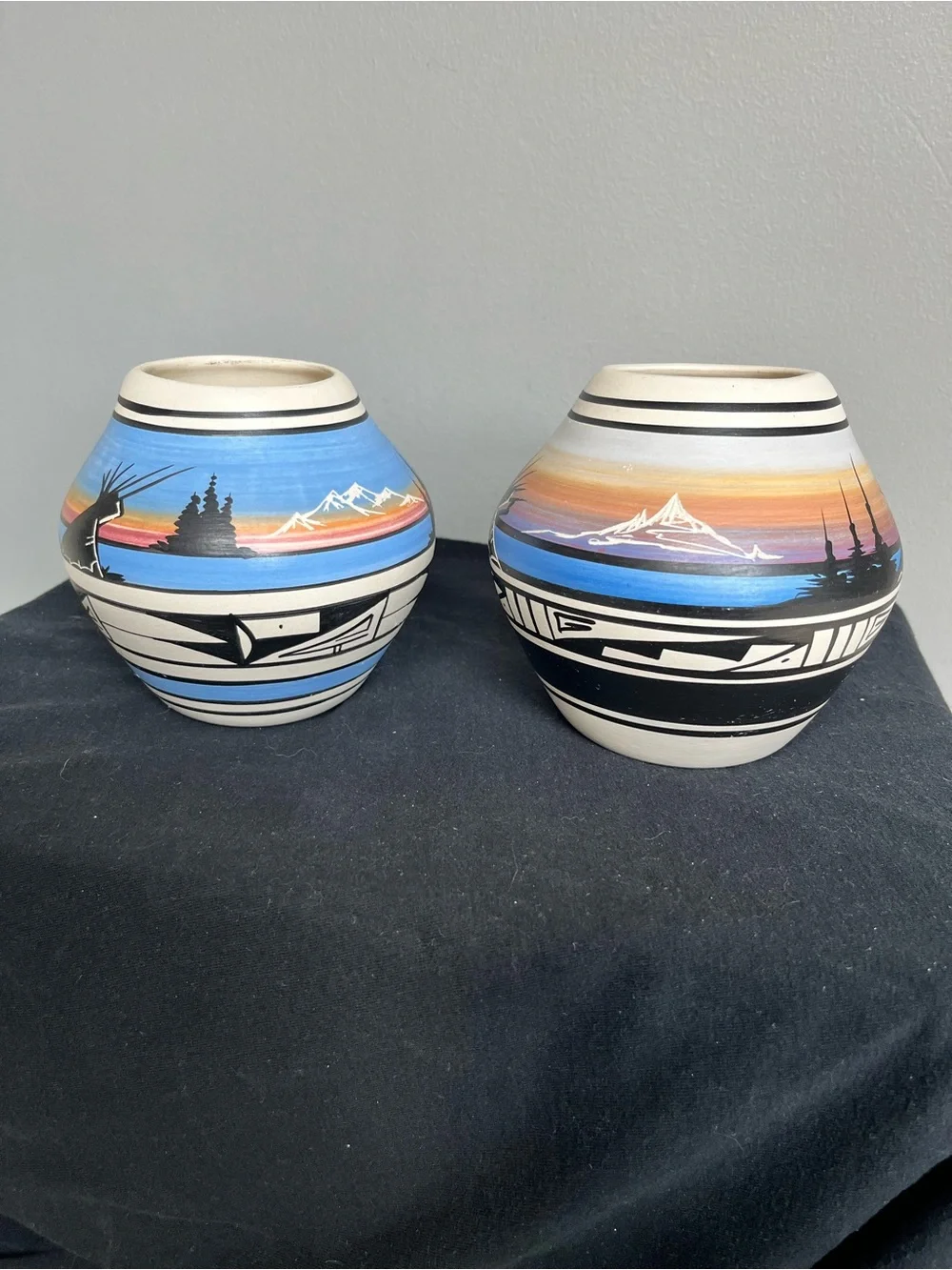 Signed Navajo Naatsiilid Cedar Mesa Pottery Pair Sunset Landscape Etched Vessels